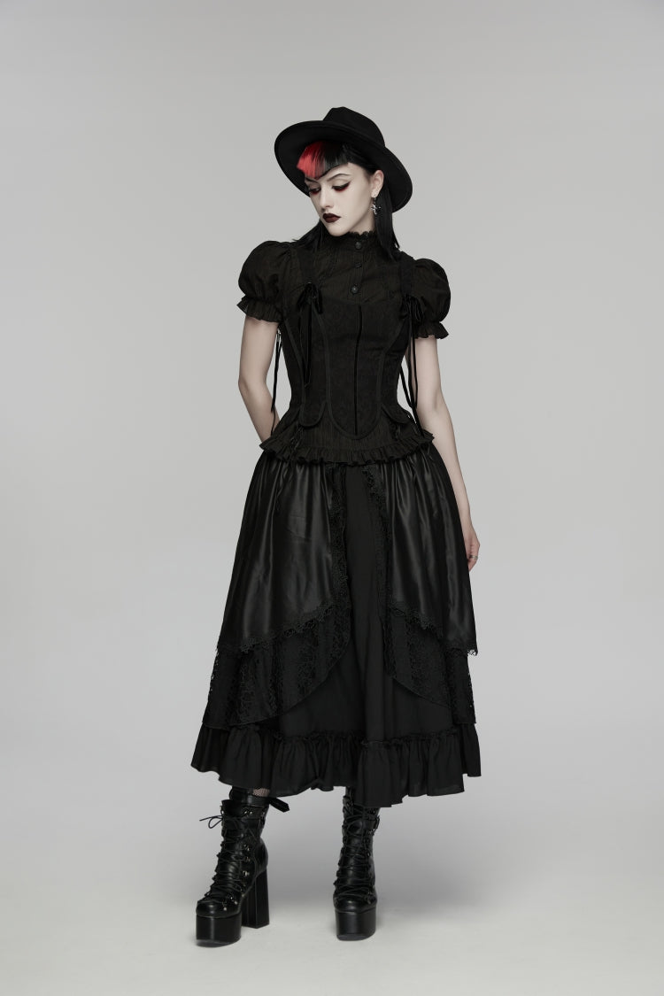 Black High Waisted Multi-Layered Floral Embroidered Lace Pleated Women's Gothic Elegant Cosplay Skirt - Product - 9