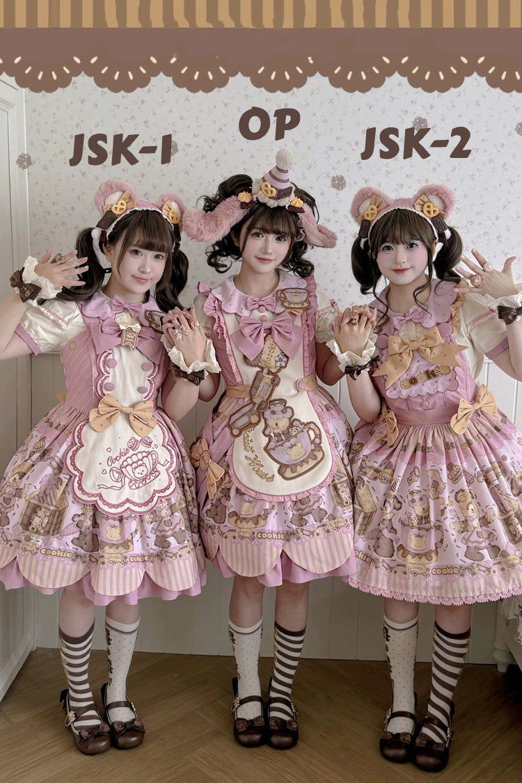 Pink [Teddy Bear Cookie] Strawberry Cream Puff Dessert Printed Bow Plus Size Sweet Lolita Dress Set 3 Versions - Product - 3