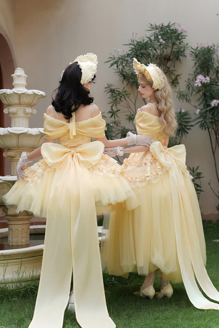 Yellow [Sissi's Pilgrimage] Off Shoulder Ruffle Bowknot Lace Sweet Lolita Skirt (Short Version) - Product - 8