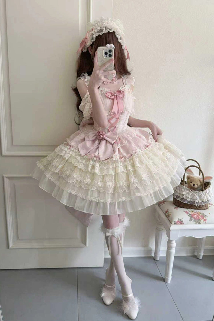 Pink [Rose Canticle] Sleeveless Multi-Layered Bowknot Lace Lace-Up Pearl Ballet Sweet Lolita Jsk Dress - Product - 5