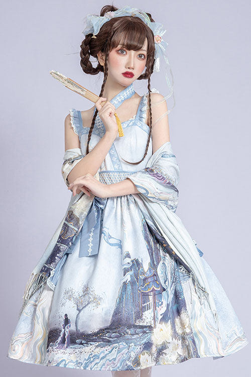 Light Blue Vintage Landscape Garden Chinese Style Print High Waisted Ruffled Classic Lolita JSK Dress - Product - 3