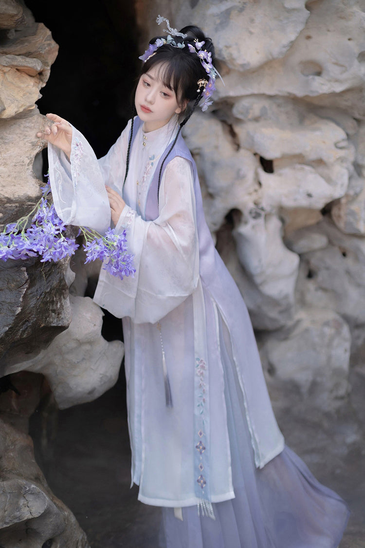Purple Long Sleeves High Waisted Embroidery Sweet Chinese Style Hanfu Dress Full Set - Product - 4