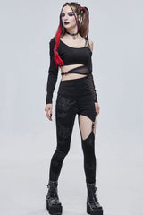 Black Gothic Ripped Spider Web Print Asymmetric Belt Buckle Decoration Women's Leggings - Product - 7