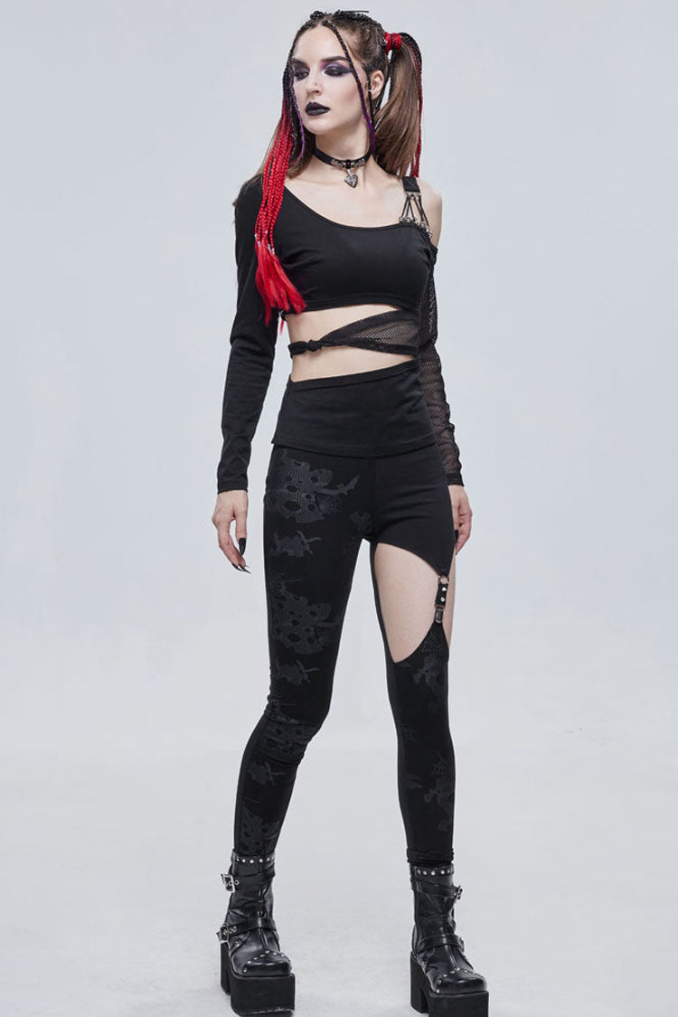 Black Gothic Ripped Spider Web Print Asymmetric Belt Buckle Decoration Women's Leggings - Product - 7