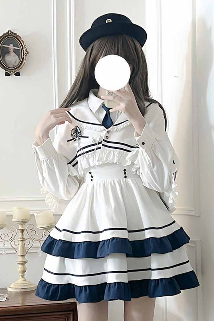 White Long Sleeves Double-Layered Ruffle Sweet College Style (Dress Only) detail view 9