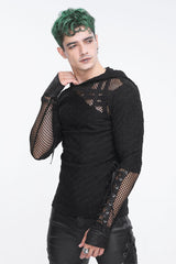 Black Lace Up Mesh Splice Long Sleeve Men's Punk Hoodies - Product - 3