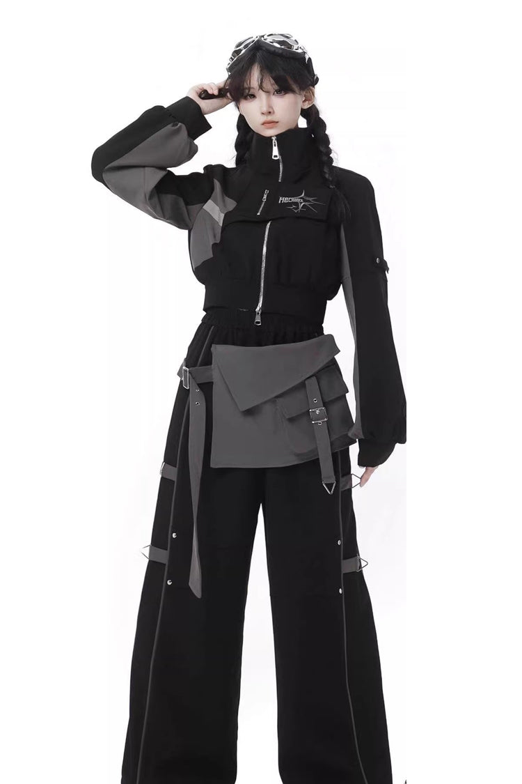 Black [Holographic Cruise] Techwear Long Sleeves Spliced Zippered Gothic Jirai Kei Pants and Short Coat Set - Product - 2