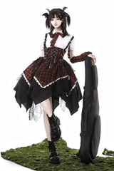 Black/Red [Soul Mantra] Plaid Print Irregular Sweet Lolita Strap Dress - Product - 7