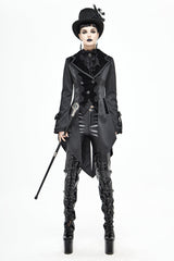 Black Front Decals Metal Button Lace-Up Cuff Dovetail Hem Striped Jacquard Women's Gothic Coat - Product - 5