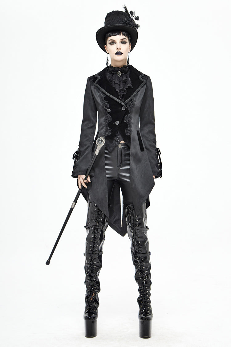 Black Front Decals Metal Button Lace-Up Cuff Dovetail Hem Striped Jacquard Women's Gothic Coat - Product - 5