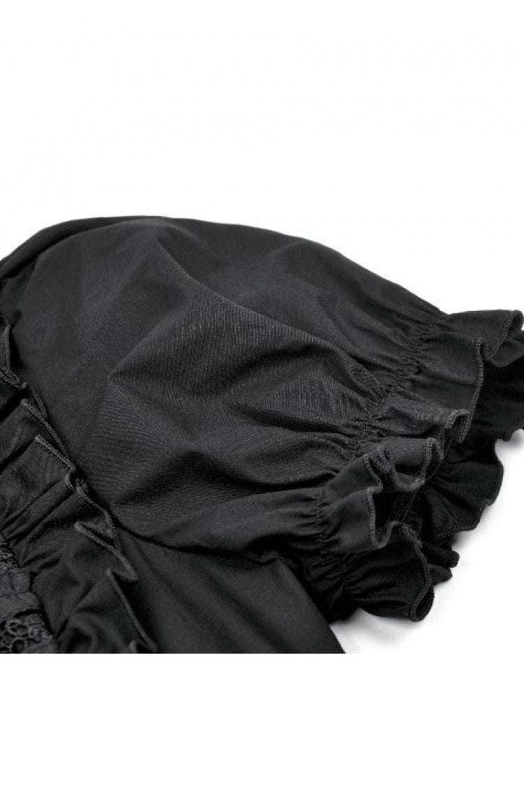 Black Pointed Turn‑down Collar Ruffled Short Puff Sleeves Pleated Women's Gothic Victorian Slim Blouse - Product - 14