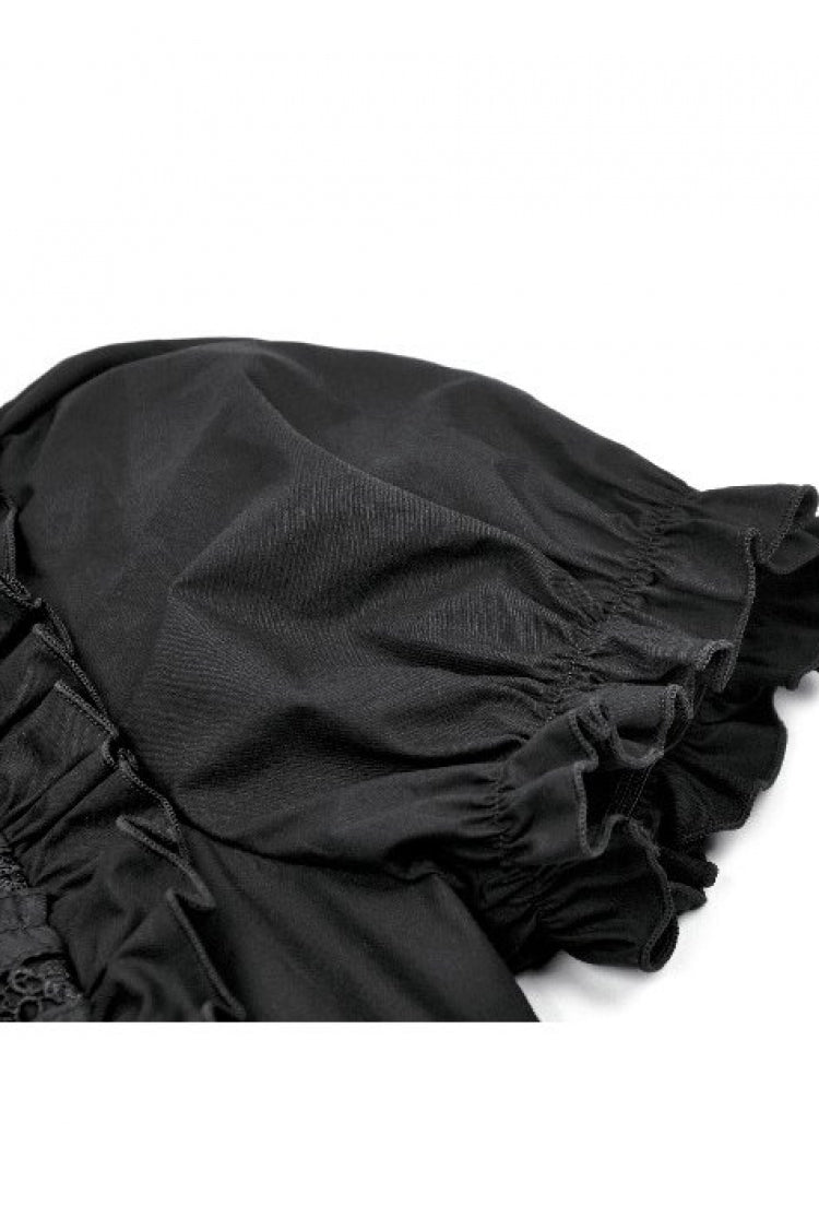 Black Pointed Turn‑down Collar Ruffled Short Puff Sleeves Pleated Women's Gothic Victorian Slim Blouse - Product - 14