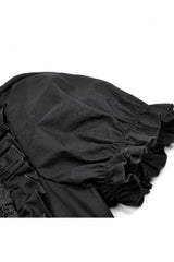 Black Pointed Turn‑down Collar Ruffled Short Puff Sleeves Pleated Women's Gothic Victorian Slim Blouse - Product - 14