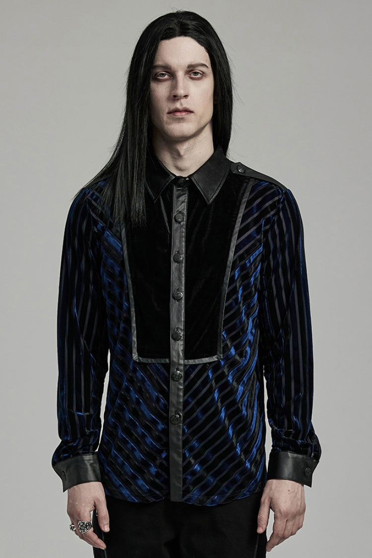 Black/Blue Lapel Collar Stitching Slim Men's Gothic Blouse - Black/Blue - 1