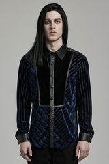 Black/Blue Lapel Collar Stitching Slim Men's Gothic Blouse - Black/Blue - 1