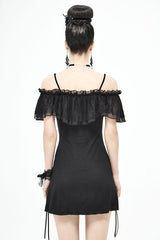 Black Lace Up Off Shoulder Chest Frilly Side Women's Punk T-Shirt - Product - 3