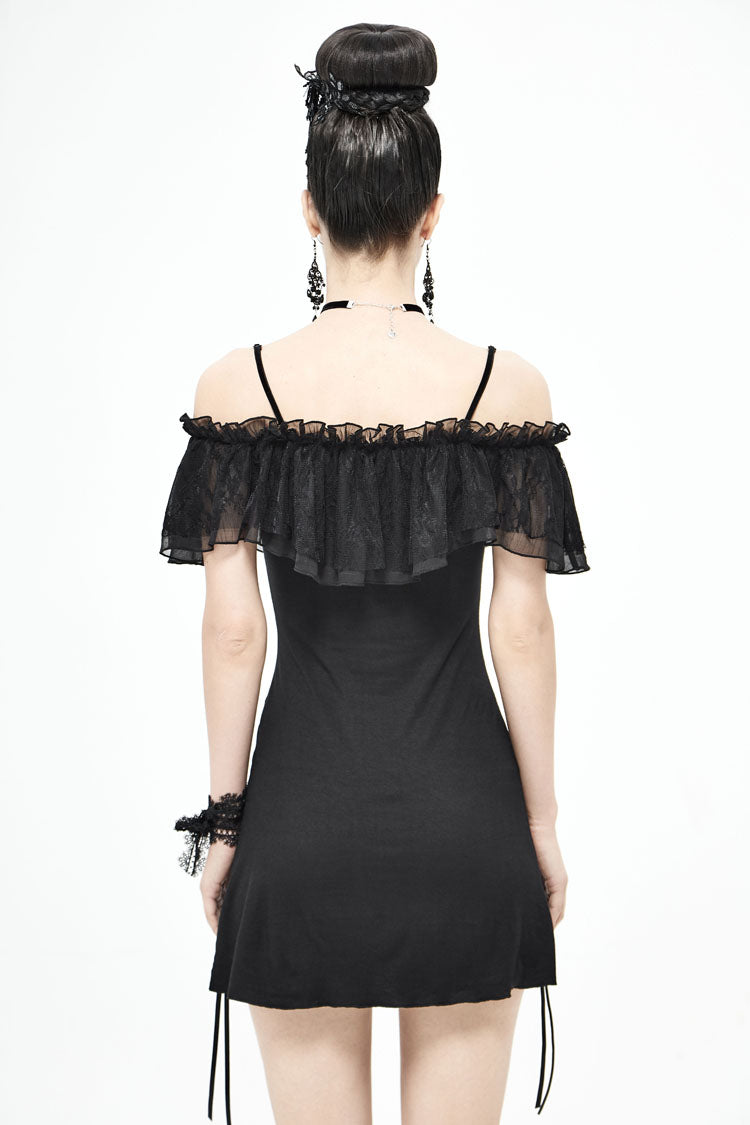 Black Lace Up Off Shoulder Chest Frilly Side Women's Punk T-Shirt - Product - 3