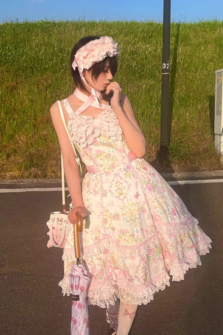 White/Pink Sleeveless Flower Wall Print Ruffle Bowknot Lace Sweet Lolita Jsk Dress - Product - 18