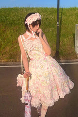 White/Pink Sleeveless Flower Wall Print Ruffle Bowknot Lace Sweet Lolita Jsk Dress - Product - 18