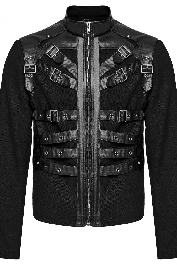 Black Round Collar Multi-Buckles Straps Faux Leather Men's Punk Jacket - Product - 4