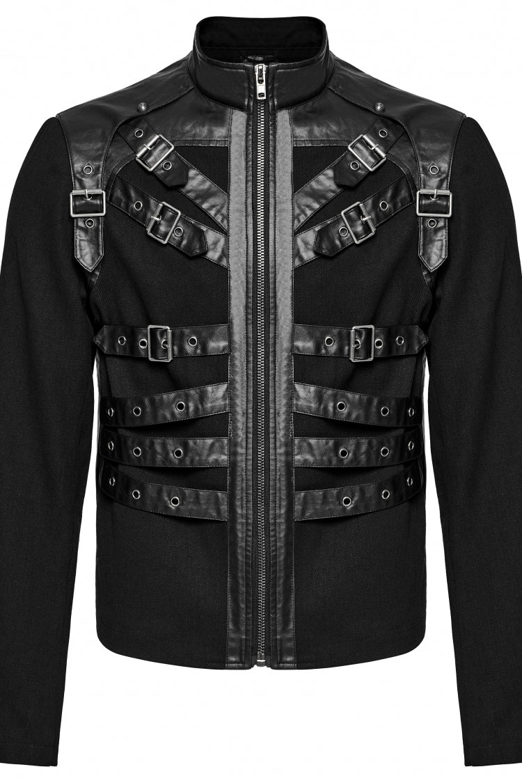 Black Round Collar Multi-Buckles Straps Faux Leather Men's Punk Jacket - Product - 4