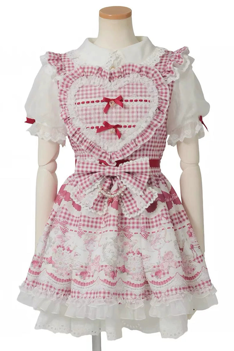 Jirai Kei Lapel Collar Short Sleeves Printed Bow Sweet Plus Size Dress 3 Colors - Red - 1