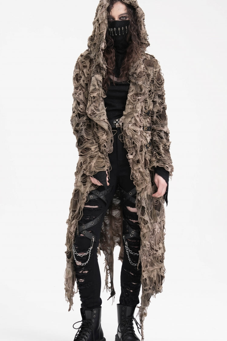 Brown Long Sleeves Hooded Women's Punk Eyelets Zip Cape - Brown - 1