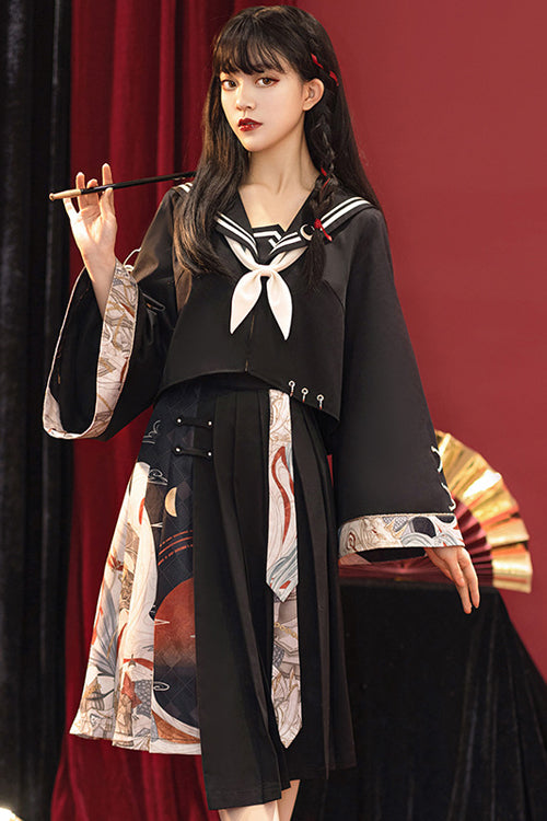 Black Bad Girl Chinese Elements Printed Asymmetric Pleated Skirt Full Set Of Classic Lolita Dress - Product - 2