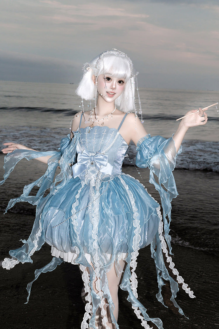 Blue [Dreamy Jellyfish] Square Collar Sleeveless Printed Ruffled Lace Sweet Lolita Jsk Dress Set - Product - 8