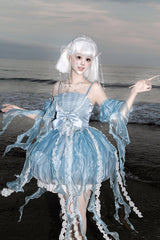 Blue [Dreamy Jellyfish] Square Collar Sleeveless Printed Ruffled Lace Sweet Lolita Jsk Dress Set - Product - 8