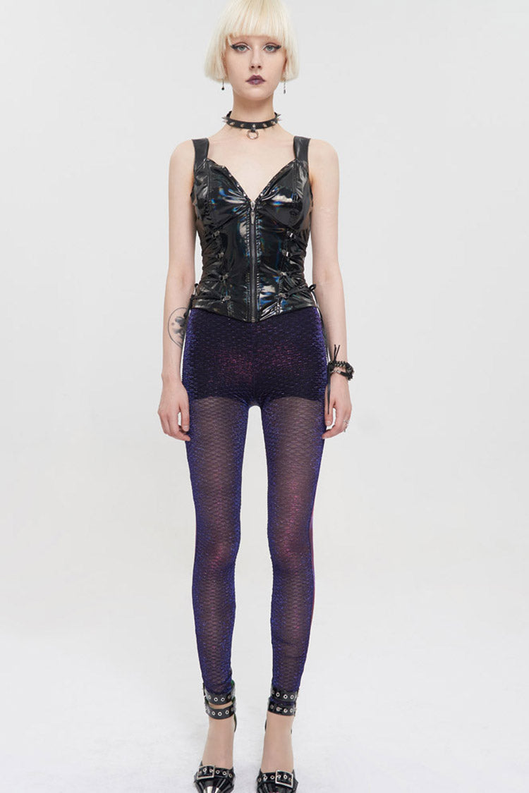 Black Color Changing Mesh Splicing Wavy Mesh Surface Women's Punk Leggings - Product - 4