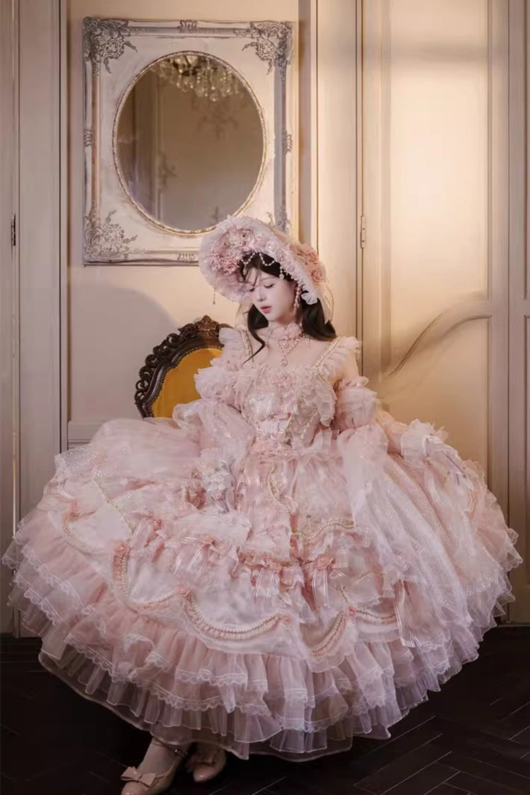 Pink [The Runaway Princess] Sleeveless Multi-Layered Printed Hanayome Bow Lace Pearl-Decorated Sweet Plus Size Gorgeous Lolita Jsk Dress - Product - 7