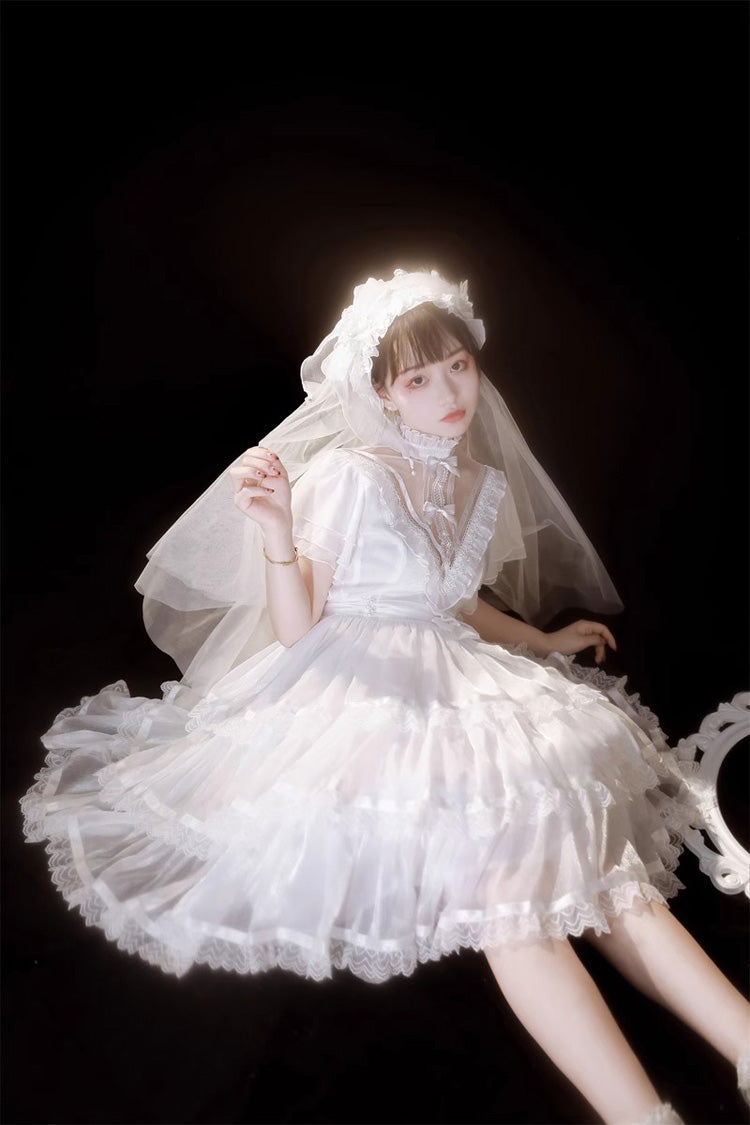 White Castle Night High Waisted Ruffled Hanayome Gothic Lolita Tiered Dress - Product - 5