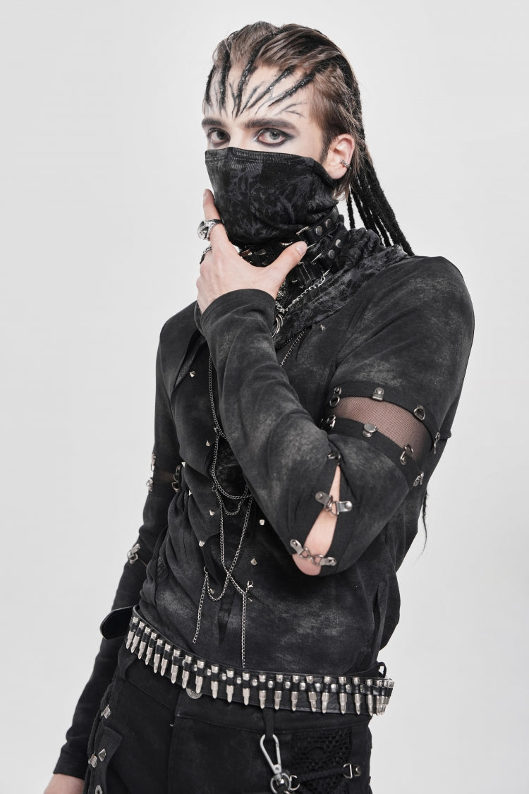 Black Long Sleeves Cutout Rivets Chain Men's Punk Blouse - Product - 2