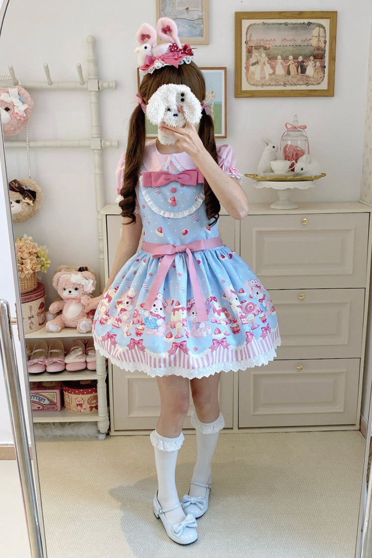Blue/Pink [Cupid Bunny] Printed Sleeveless Bow Sweet Princess Lolita Strap Dress - Product - 8