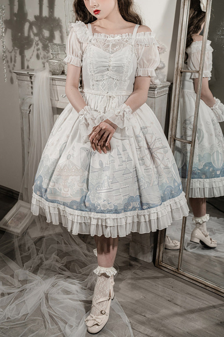 White Ruffle Short Sleeves Whale Paradise Print Sweet Lolita Dress Set - White - 1