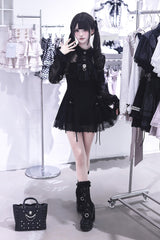 Black [Lace Doll] Round Collar Long Sleeves Ruffled Cut-Out Embroidered Bow Lace Gothic Jirai Kei Japanese Dress - Product - 10