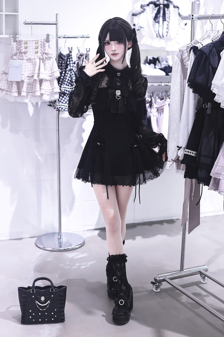 Black [Lace Doll] Round Collar Long Sleeves Ruffled Cut-Out Embroidered Bow Lace Gothic Jirai Kei Japanese Dress - Product - 10