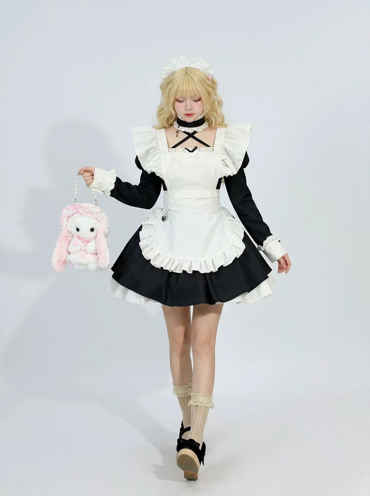 Red and Black Ruffled Maid Lolita Dress with Apron Bow Accent - view 5