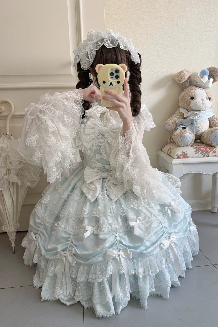 Blue [Silk Satin Gift Box] Square Collar Sleeveless Multi-Layered Ruffled Bow Lace Sweet Lolita Jsk Dress - Product - 6