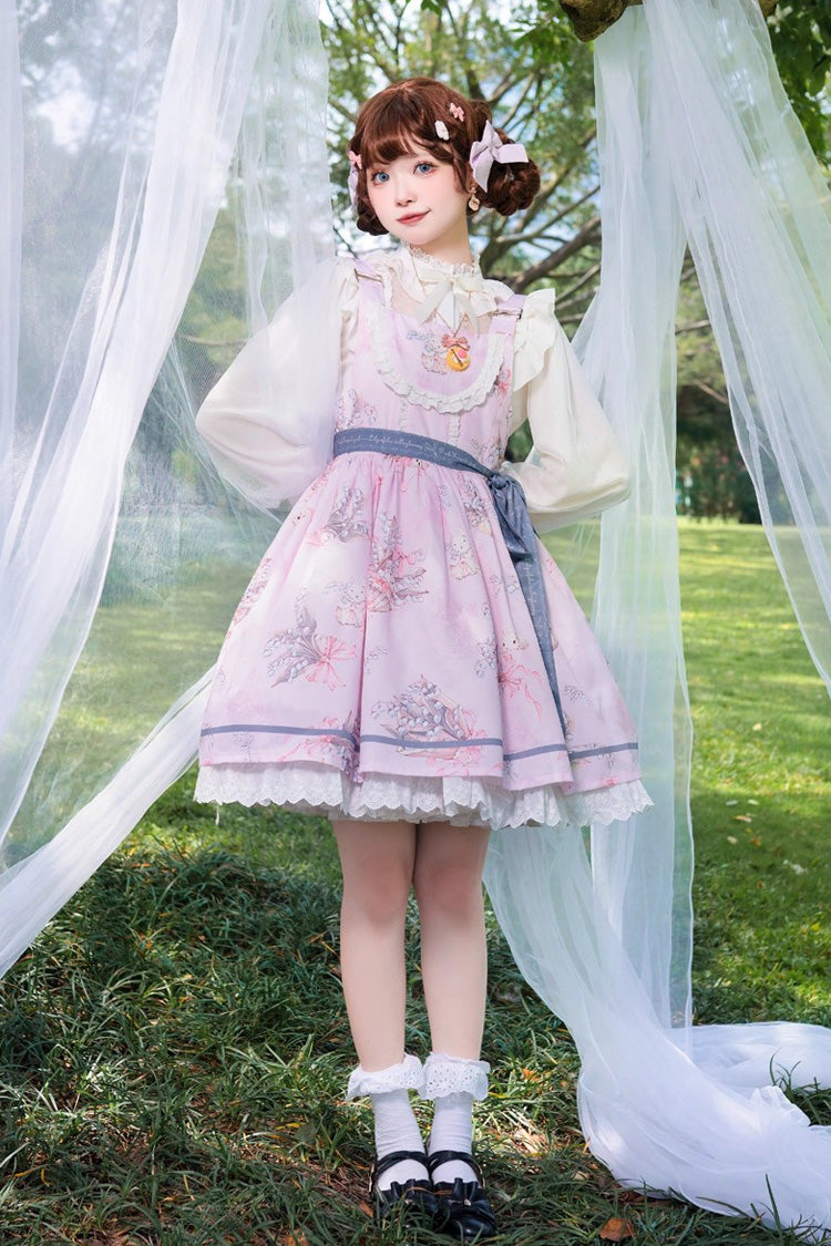 Pink [Lily of the Valley Rabbit] Sleeveless Print Ruffle Bowknot Daily Sweet Lolita Strap Dress - Product - 3