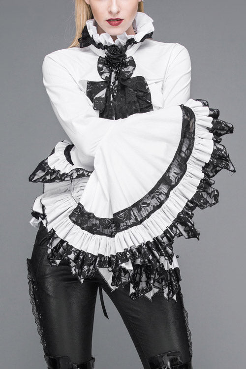 White VintageTrumpet Sleeves Back Bandage Womens Gothic Blouse - White - 1