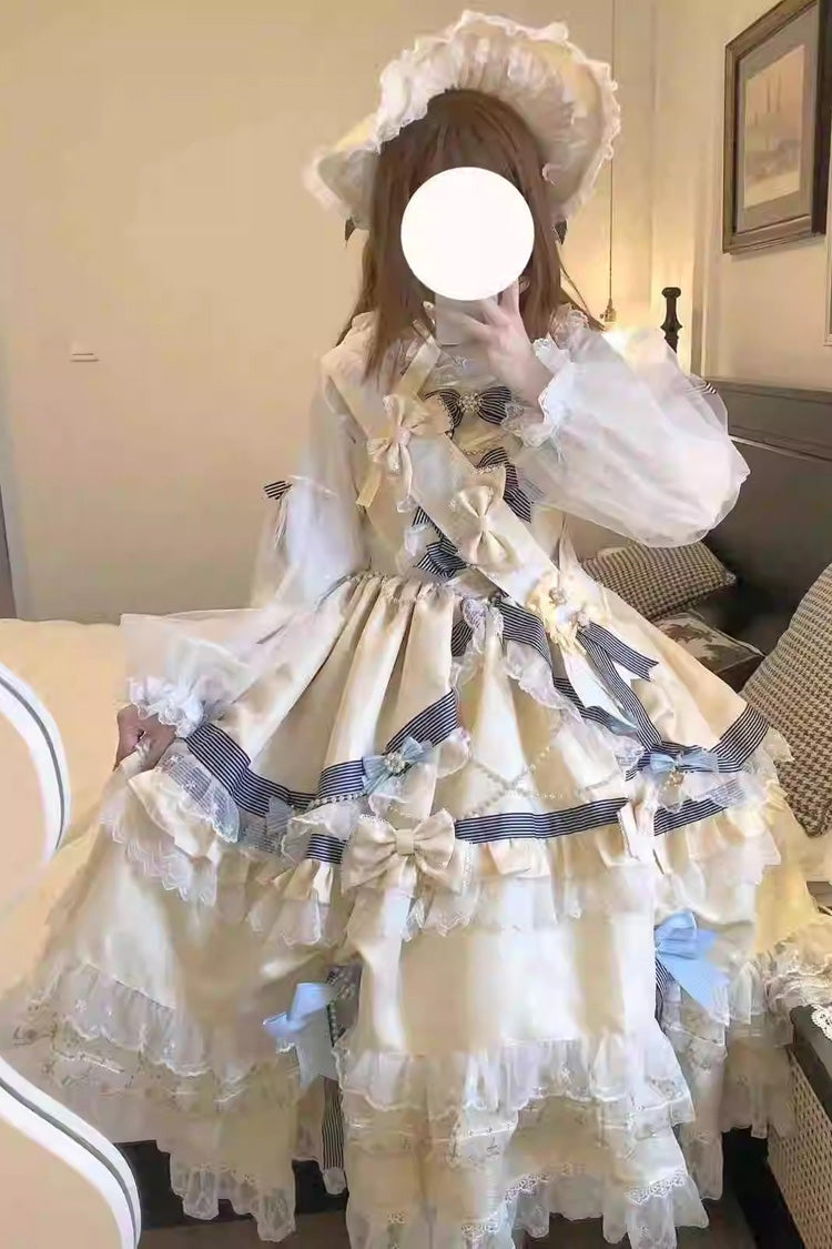 Gold Long Sleeves Multi-Layered Ruffle Bowknot Lace Sweet Princess Lolita Dress - Product - 8