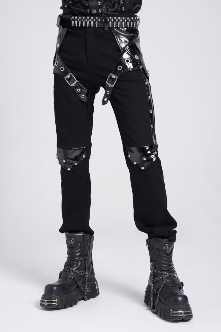 Black Armor Patent Leather Stitching Men's Punk Pants - Product - 6