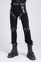 Black Armor Patent Leather Stitching Men's Punk Pants - Product - 6