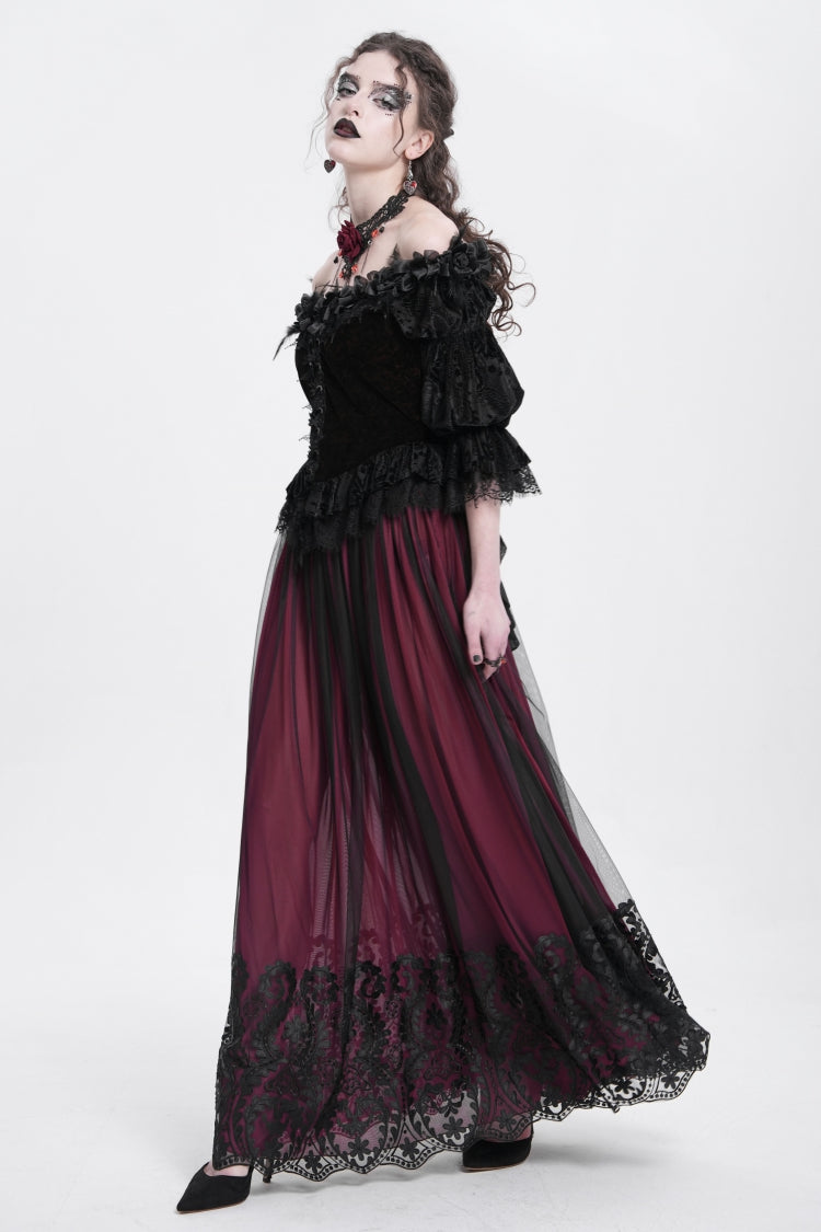 Red Stitching Floral Mesh Women's Gothic Skirt - Product - 6