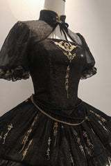 Black [Chimera Dream Gilded] Short Sleeves Multi-Layered Printed Ruffled Lace-Up Gothic Chinese Style Lolita Dress - Product - 2