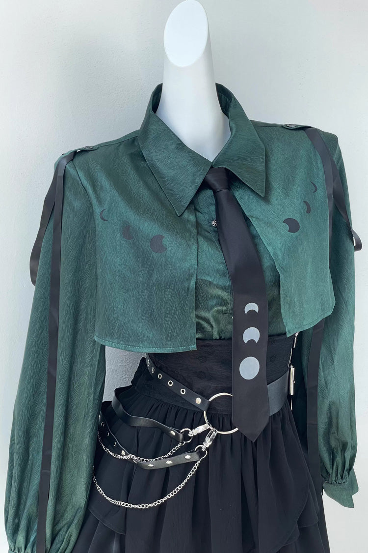 Green/Black [Moonlight Flowing] Long/Short Sleeves Ruffled Asymmetric Gothic Jirai Kei Skirt Set - Long-Sleeved Blouse - 11