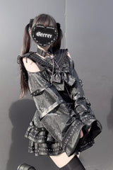 Black [Serpent Devour] Navy Collar Long Sleeves Snake Printed Ruffled Bow Studded Gothic Jirai Kei Skirt Set - Product - 2