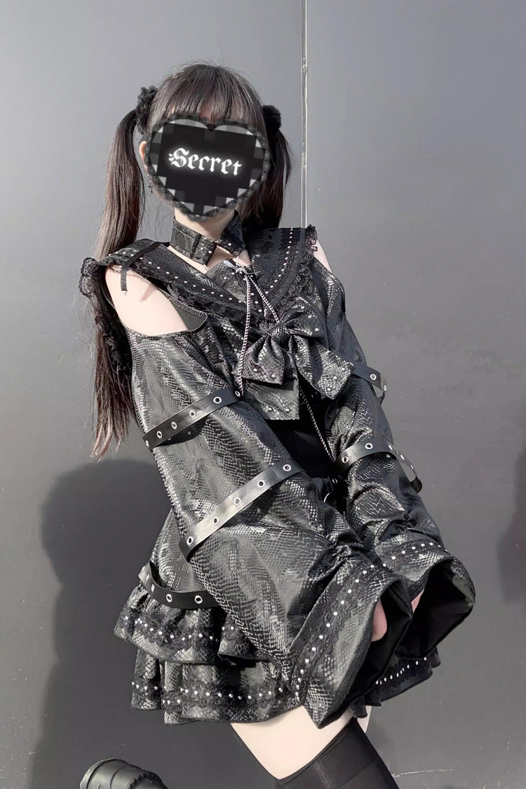 Black [Serpent Devour] Navy Collar Long Sleeves Snake Printed Ruffled Bow Studded Gothic Jirai Kei Skirt Set - Product - 2